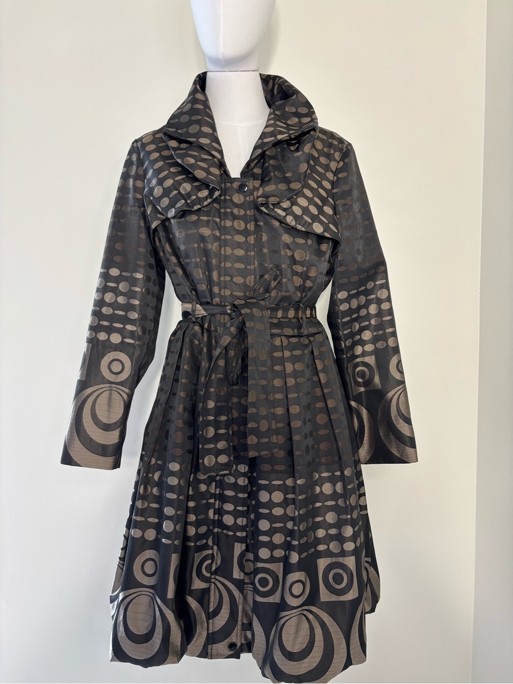 Samuel Dong Abstract Print Belted Bubble Trench Coat Dress